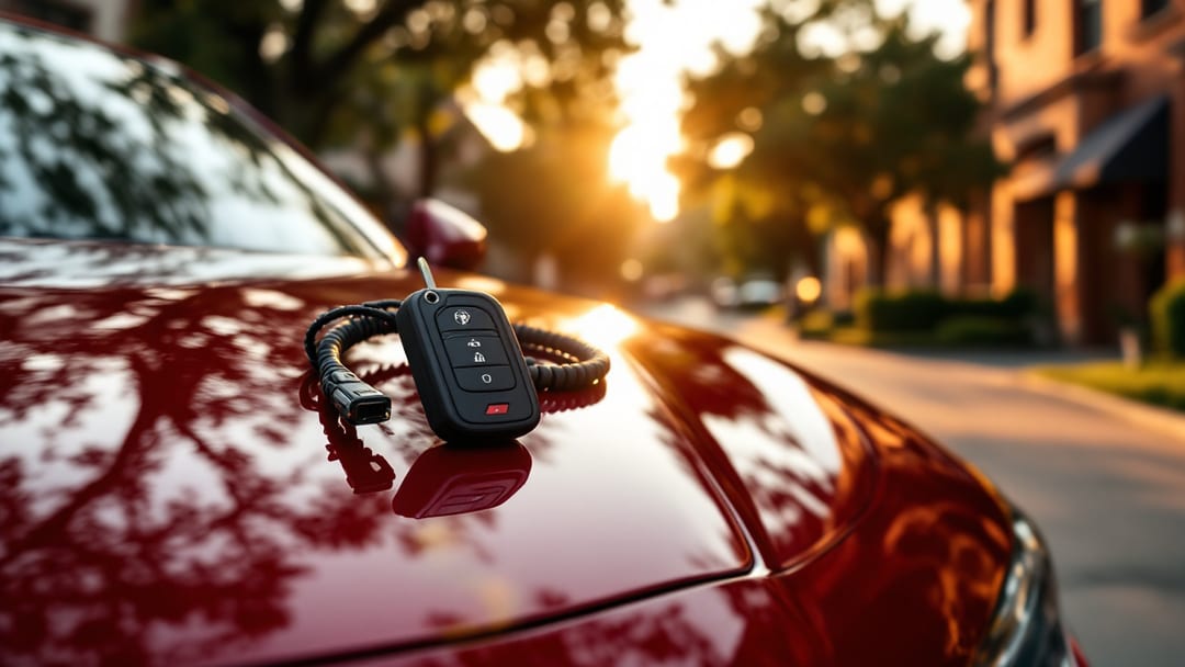 A red Alfa Romeo Giulia sedan parked on an Arlington TX street at golden hour with a proximity key fob and diagnostic tool on the hood