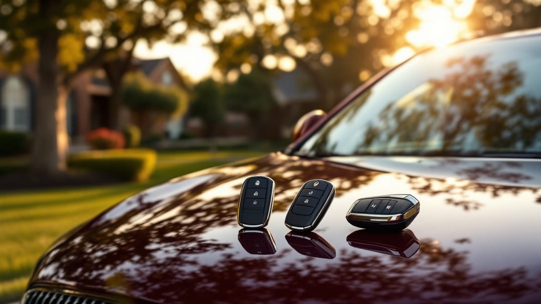 A dark red Buick Enclave SUV parked in an Arlington TX driveway in soft evening light with two key fobs on the hood