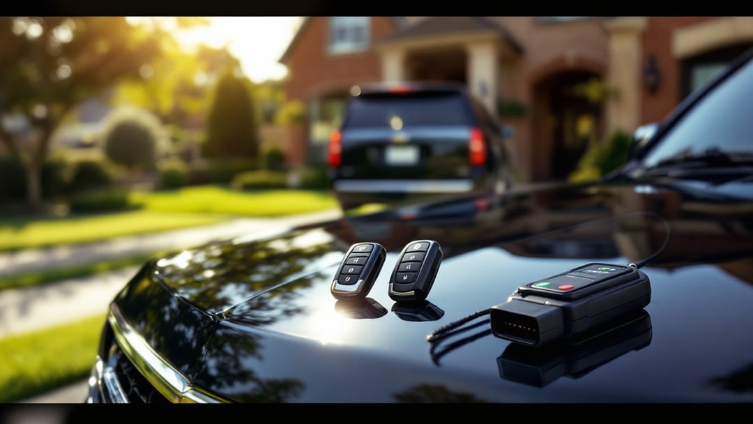 A black Chevrolet Suburban full-size SUV parked on an Arlington TX driveway at midday with two key fobs and a programming tool on the hood