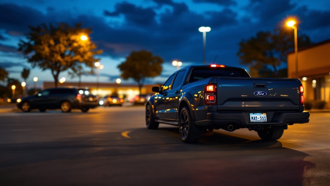 A Ford Maverick compact pickup parked outside an Arlington TX shopping center at dusk with a key programming tool and two fobs on the tailgate