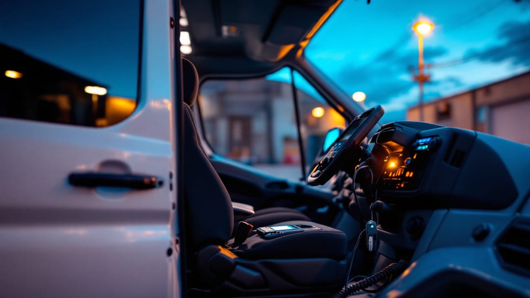 A white Ford Transit cargo van parked at an Arlington TX contractor yard with a locksmith key programming tool connected under the dash at dawn