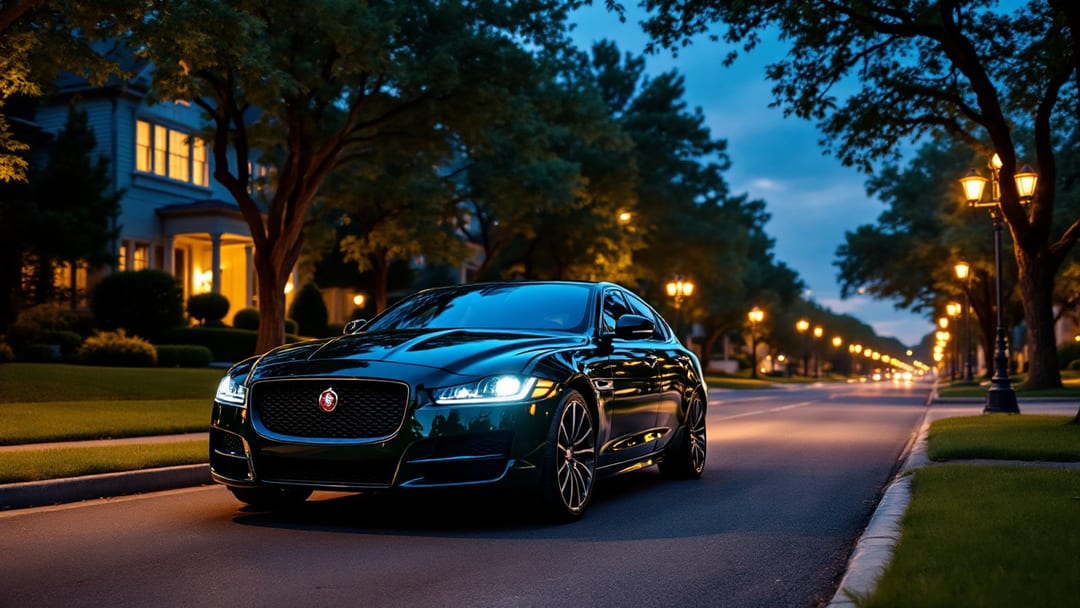 A dark Jaguar sedan parked on a quiet Arlington TX street at dusk with a smart key fob and diagnostic tool on the hood