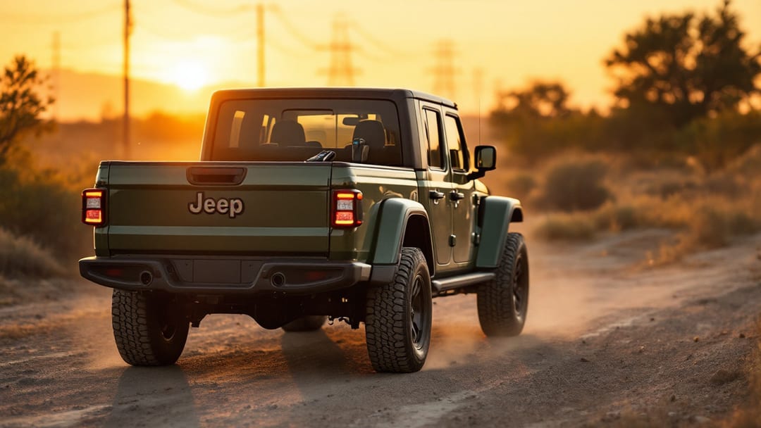A Jeep Gladiator pickup parked on a gravel lot near Arlington TX at golden hour with two proximity key fobs on the tailgate