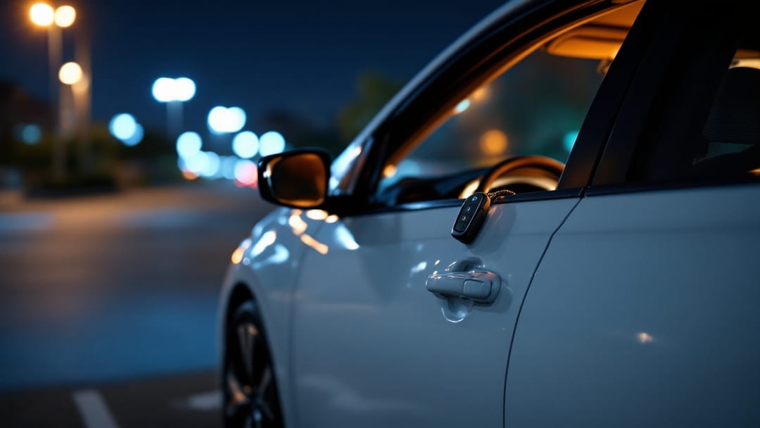 A white Nissan Sentra sedan parked at an Arlington TX apartment complex at night with a key fob and programming tool on the driver seat