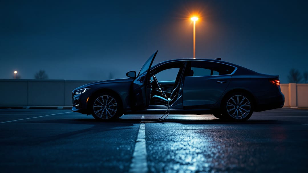 A sedan parked under a streetlight in Arlington TX at night with a locksmith diagnostic tool connected inside the open driver door