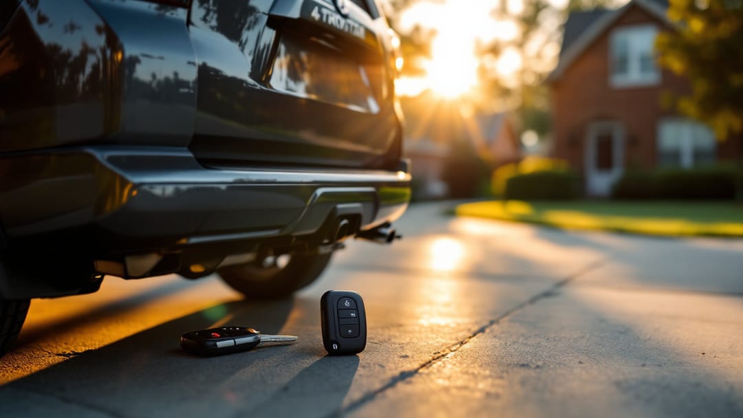 A Toyota 4Runner SUV parked on an Arlington TX driveway in late afternoon with a chip key and smart key fob on the rear bumper