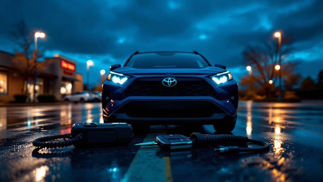 A blue Toyota RAV4 crossover parked in an Arlington TX shopping center lot at dusk with a smart key fob and programming tool on the hood