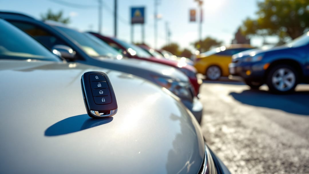 A row of used cars on an Arlington TX dealer lot in bright afternoon light with a single key fob resting on a hood in the foreground