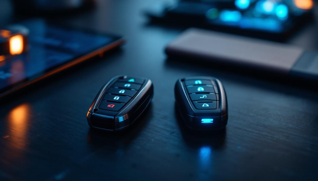 Two identical car key fobs side by side on a workshop bench during cloning